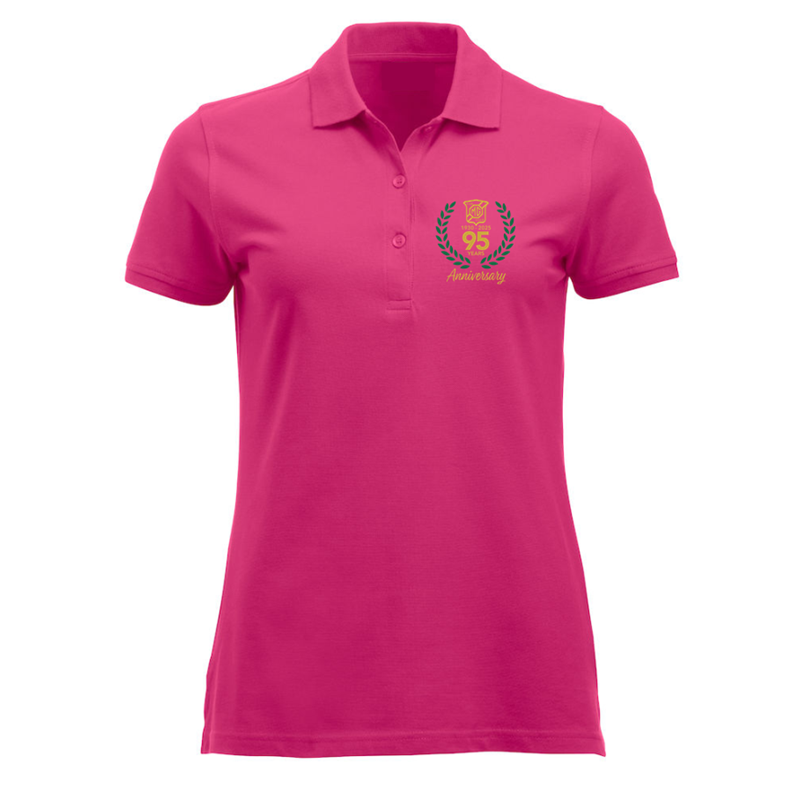 Polycotton premium ladies fit polo shirt with printed anniversary logo to left breast. *Hot Pink 100% Cotton