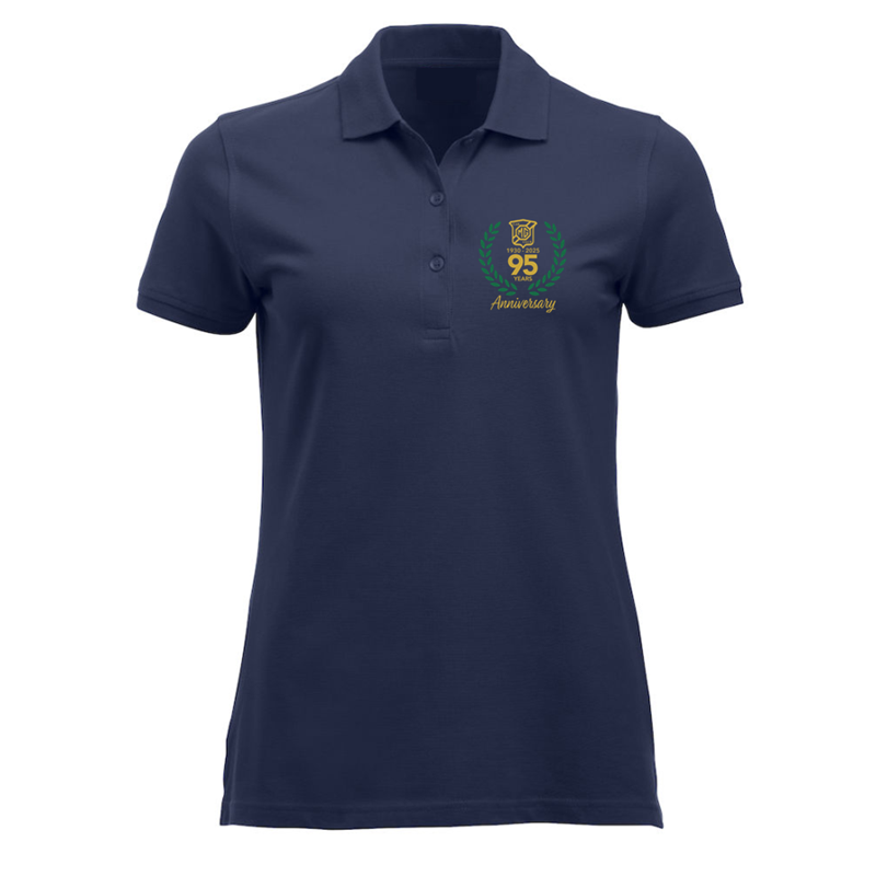 Polycotton premium ladies fit polo shirt with printed anniversary logo to left breast.