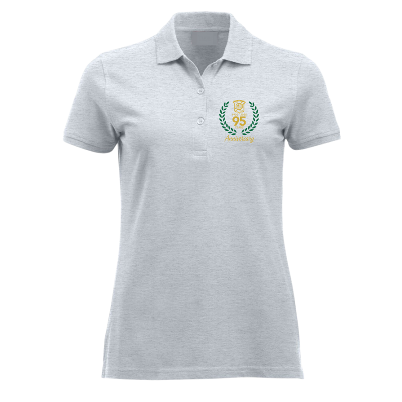Polycotton premium ladies fit polo shirt with printed anniversary logo to left breast.