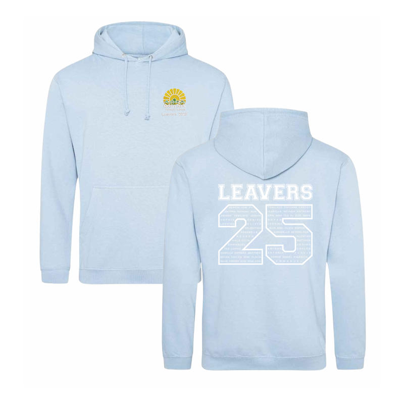 Classic hooded sweatshirt with printed name design to the back and School Leavers logo embroidered to the front.