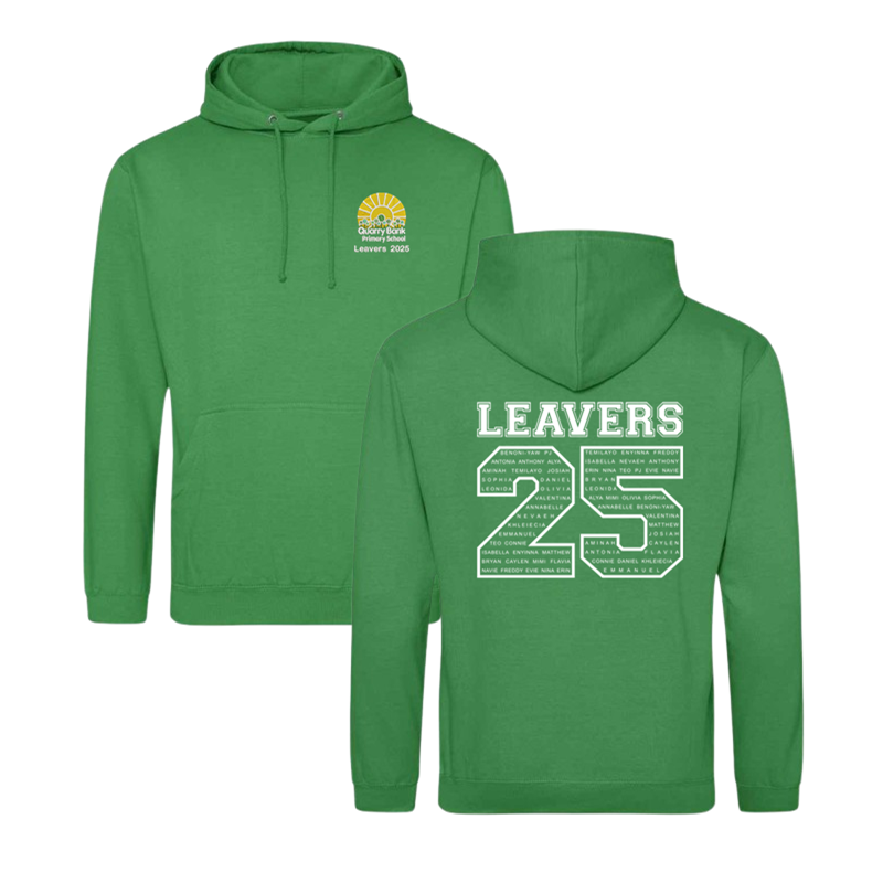 Classic hooded sweatshirt with printed name design to the back and School Leavers logo embroidered to the front.