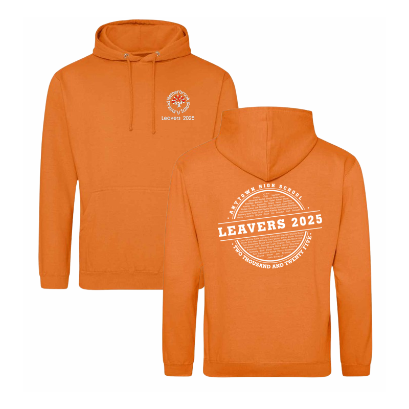 Classic hooded sweatshirt with printed name design to the back and School Leavers logo embroidered to the front.