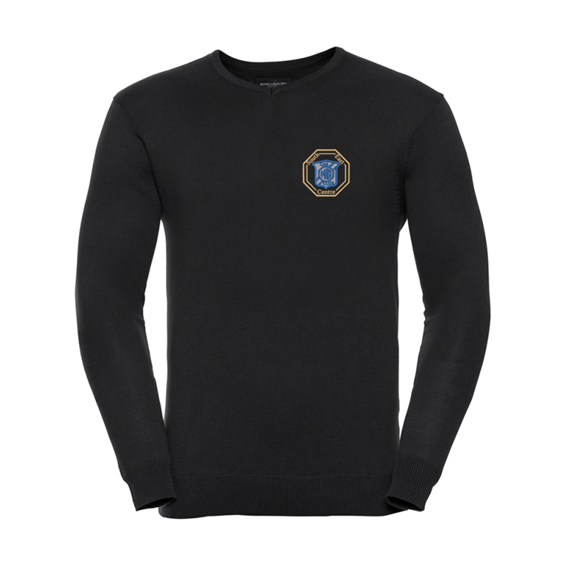 Fine knit 12 gauge v-neck jumper. Semi fashioned sleeve and neck detail. Set-in-sleeves. Logo of your  choice to left breast