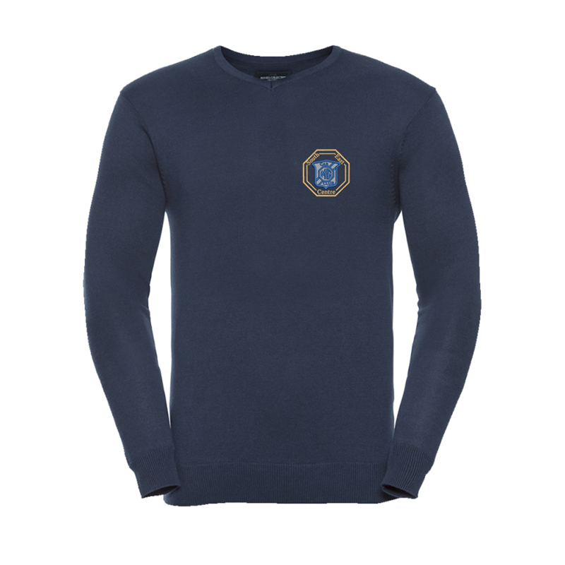 Fine knit 12 gauge v-neck jumper. Semi fashioned sleeve and neck detail. Set-in-sleeves. Logo of your  choice to left breast