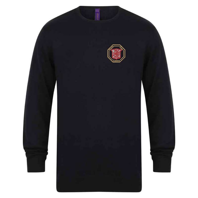 Fine knit 12 gauge crew neck jumper. Semi fashioned sleeve and neck detail. Set-in-sleeves. Logo of your choice to left breast