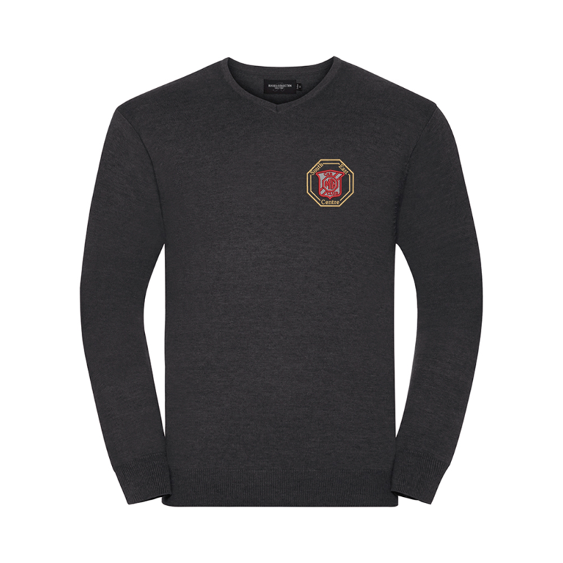 Fine knit 12 gauge v-neck jumper. Semi fashioned sleeve and neck detail. Set-in-sleeves. Logo of your choice to left breast