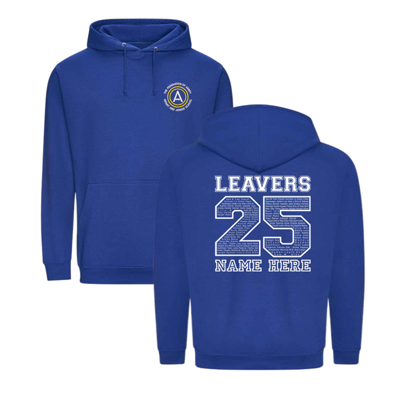 Classic hooded sweatshirt, with embroidered School logo to font breast, large print to back with pupils name in the design and the option to personal name or nickname below.