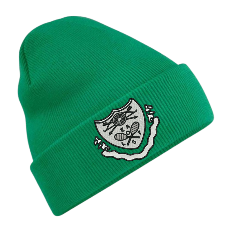 Knitted beanie hat with embroidered logo.