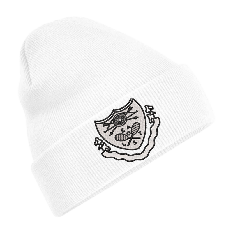 Knitted beanie hat with embroidered logo.