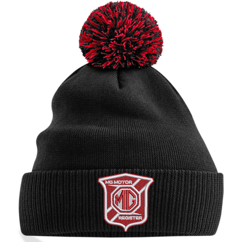 Knitted beanie hat with pom pom, embroidered logo.