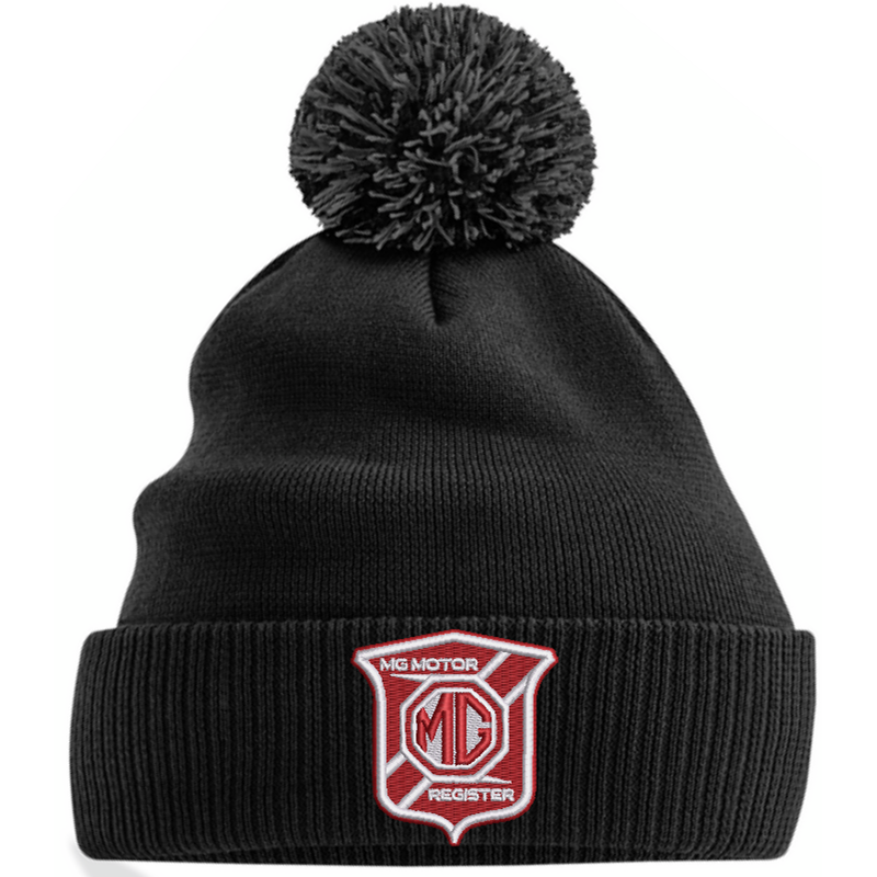 Knitted beanie hat with pom pom, embroidered logo.