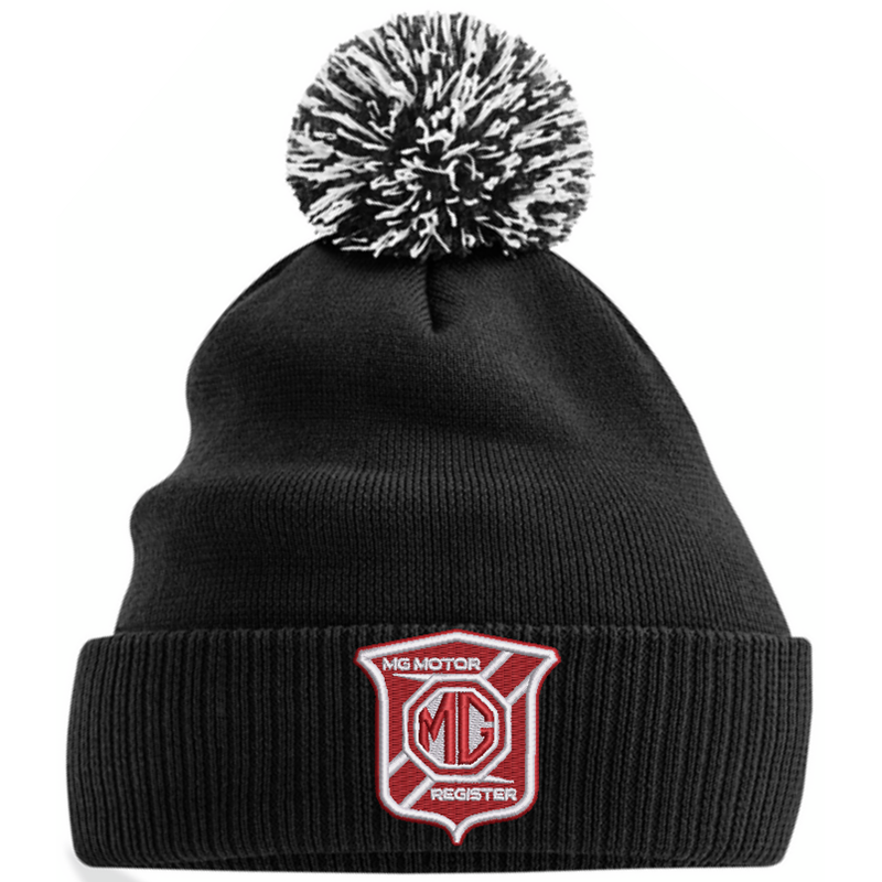 Knitted beanie hat with pom pom, embroidered logo.