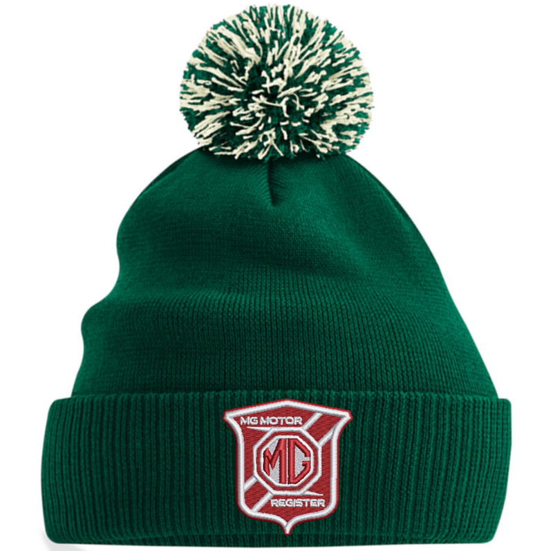 Knitted beanie hat with pom pom, embroidered logo.