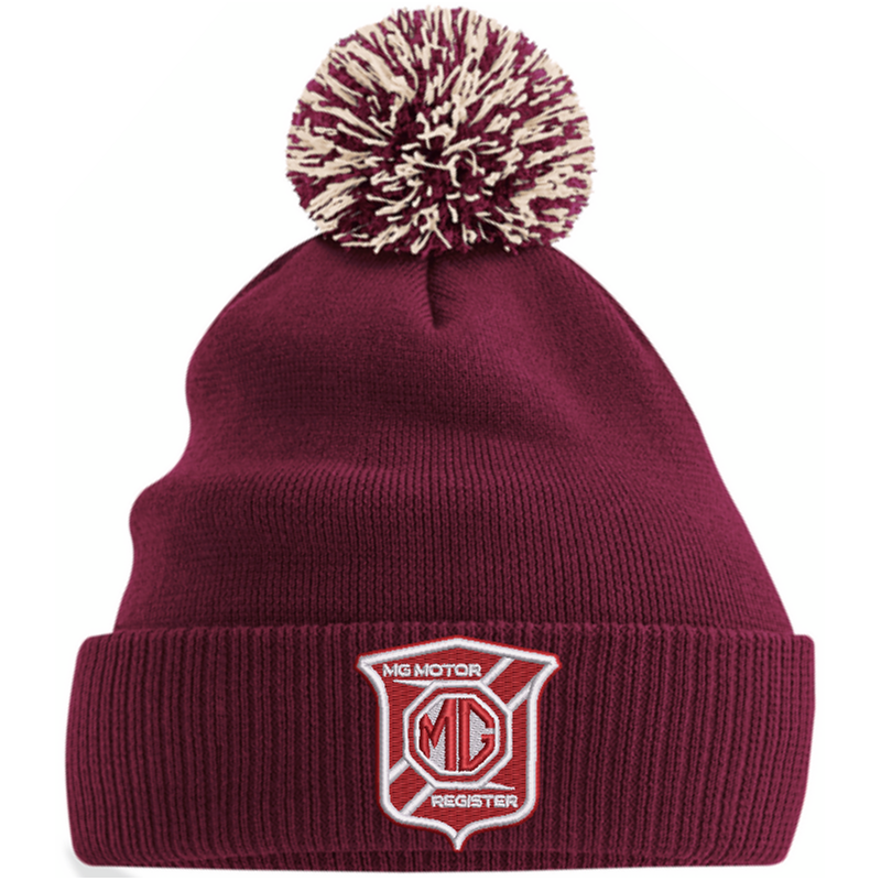 Knitted beanie hat with pom pom, embroidered logo.