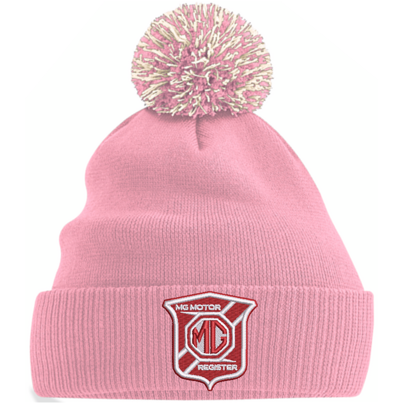 Knitted beanie hat with pom pom, embroidered logo.