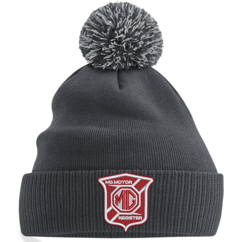 Knitted beanie hat with pom pom, embroidered logo.