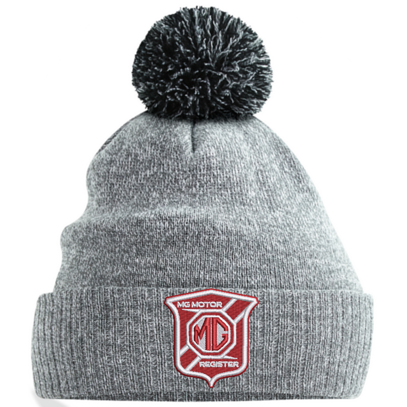Knitted beanie hat with pom pom, embroidered logo.