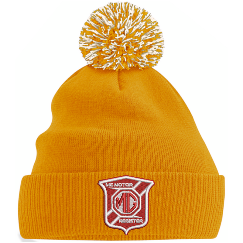 Knitted beanie hat with pom pom, embroidered logo.