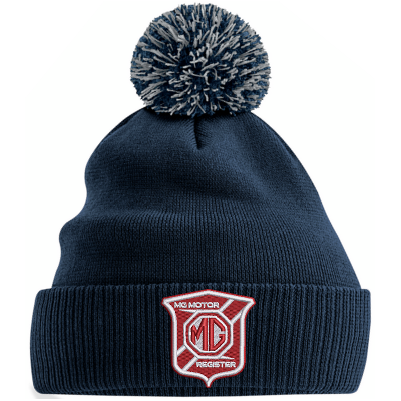 Knitted beanie hat with pom pom, embroidered logo.