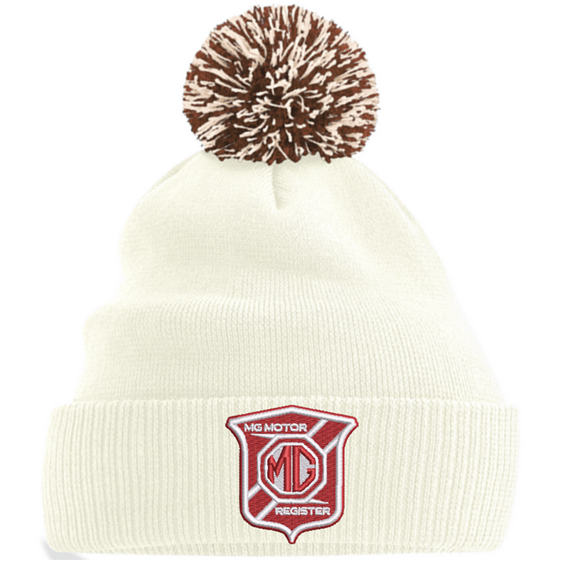 Knitted beanie hat with pom pom, embroidered logo.