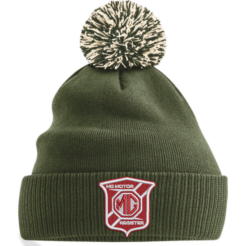 Knitted beanie hat with pom pom, embroidered logo.