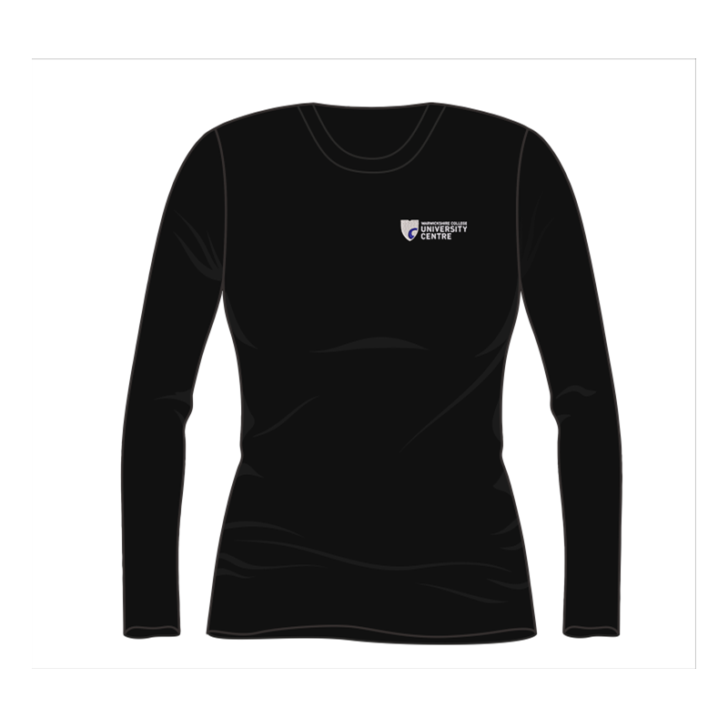 Ladies Fitted Long Sleeved T shirt with logo embroidered front left breast and course name printed to the back