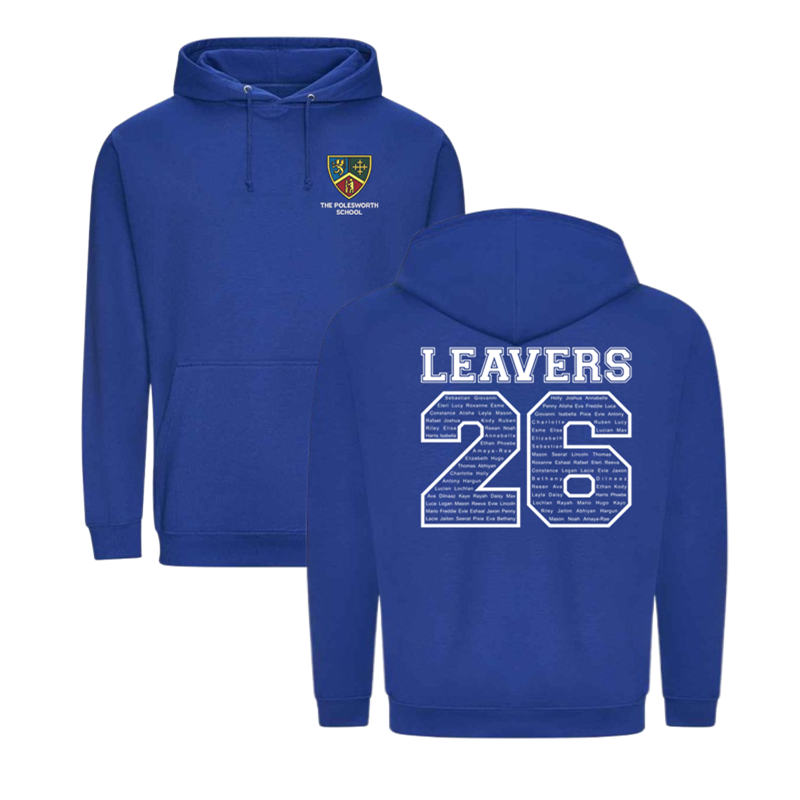 Classic overhead hoodie, School logo embroidered to front and Leavers design including names printed to back.