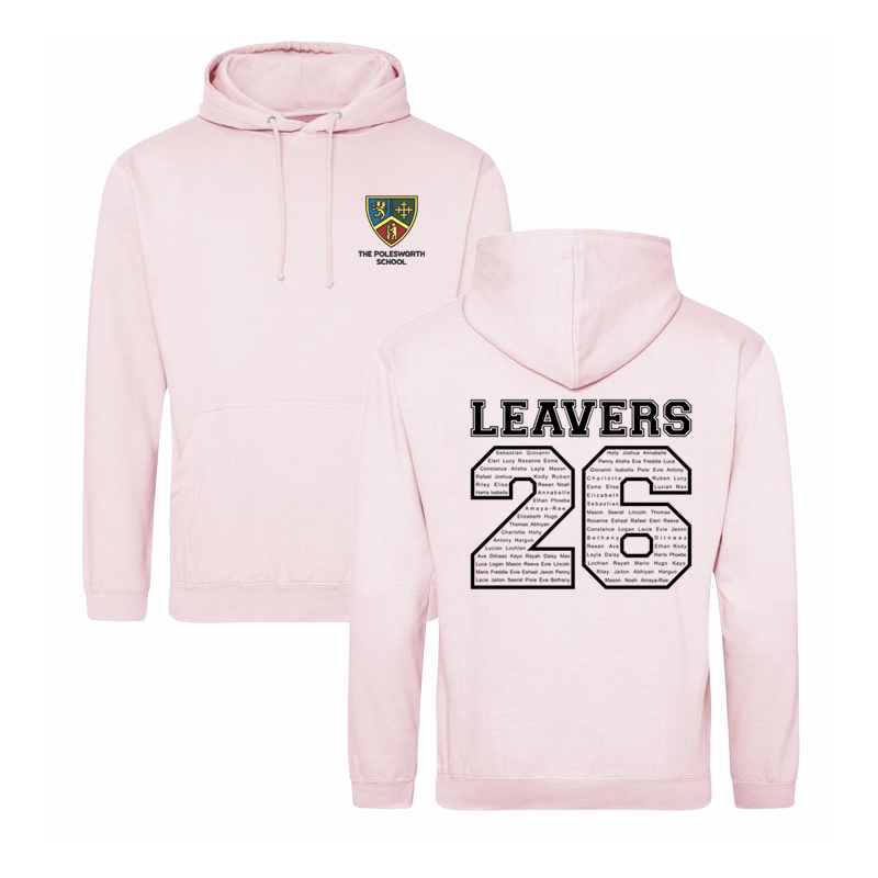 Classic overhead hoodie, School logo embroidered to front and Leavers design including names printed to back.