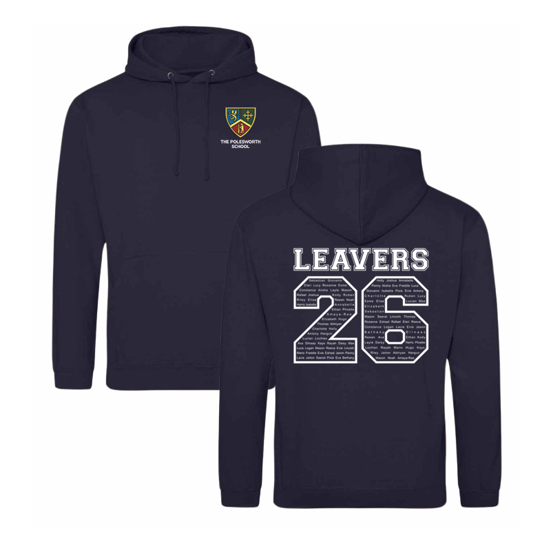 Classic overhead hoodie, School logo embroidered to front and Leavers design including names printed to back.