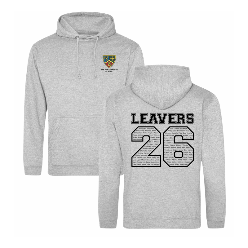 Classic overhead hoodie, School logo embroidered to front and Leavers design including names printed to back.