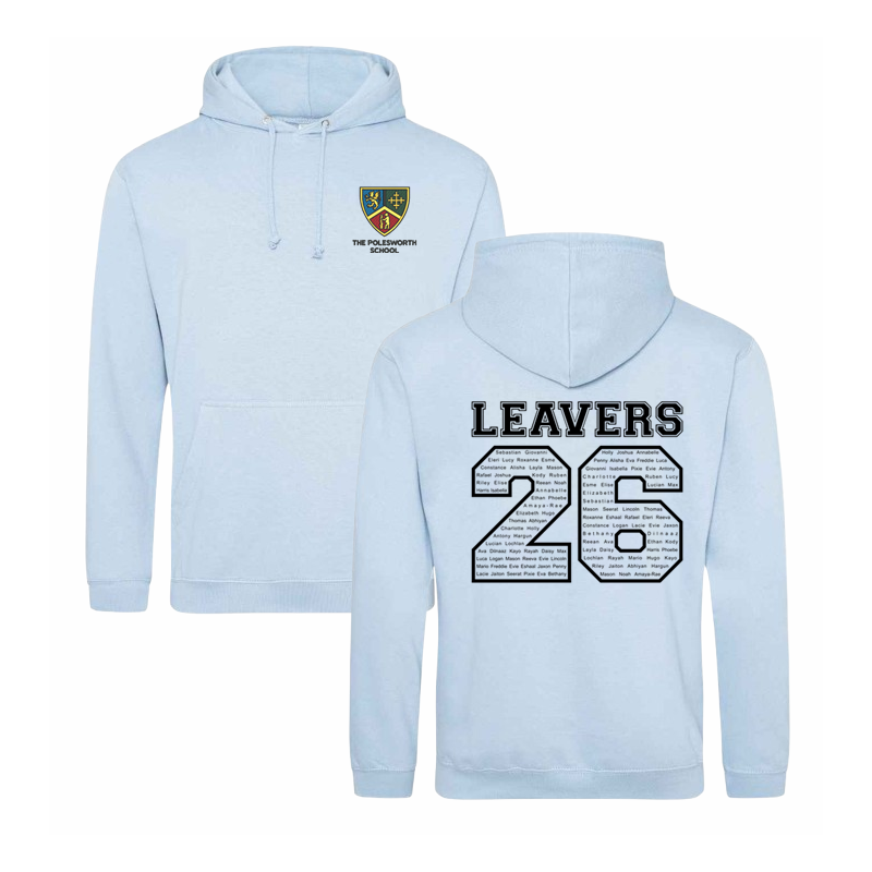 Classic overhead hoodie, School logo embroidered to front and Leavers design including names printed to back.