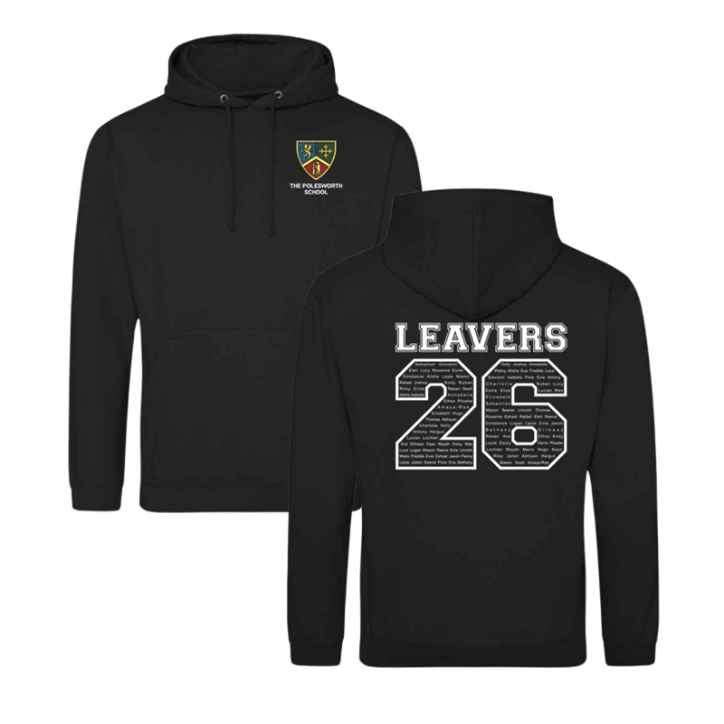 Classic overhead hoodie, School logo embroidered to front and Leavers design including names printed to back.