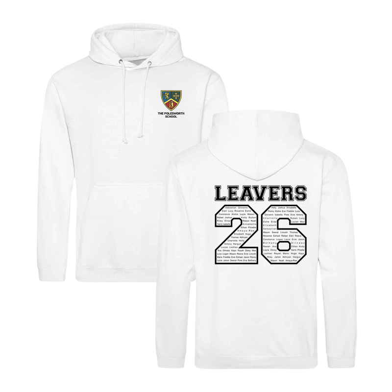 Classic overhead hoodie, School logo embroidered to front and Leavers design including names printed to back.