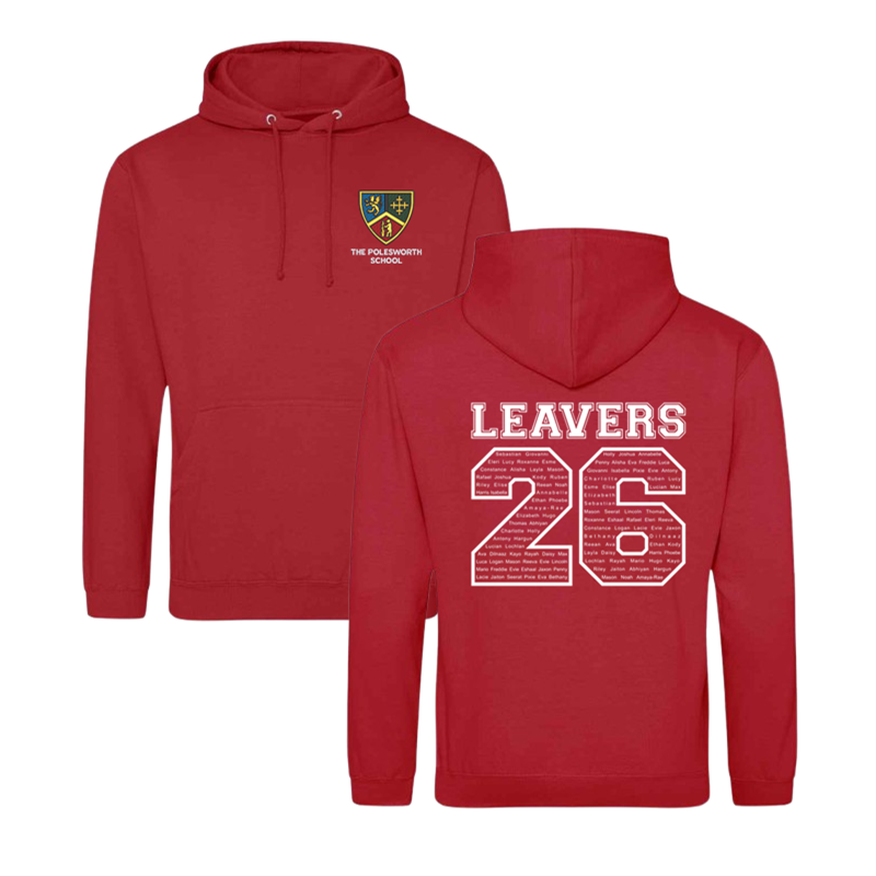 Classic overhead hoodie, School logo embroidered to front and Leavers design including names printed to back.