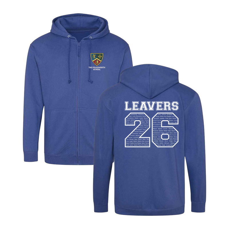 Classic zip through hoodie, School logo embroidered to front and Leavers design including names printed to back.