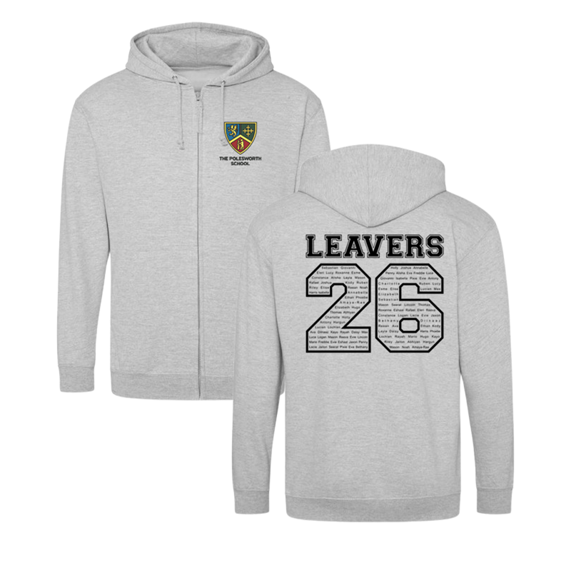 Classic zip through hoodie, School logo embroidered to front and Leavers design including names printed to back.