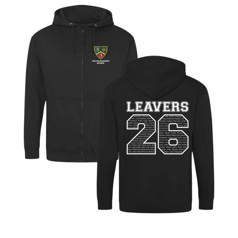 Classic zip through hoodie, School logo embroidered to front and Leavers design including names printed to back.