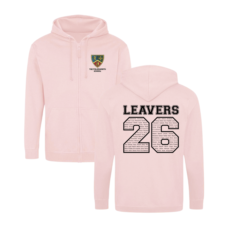 Classic zip through hoodie, School logo embroidered to front and Leavers design including names printed to back.