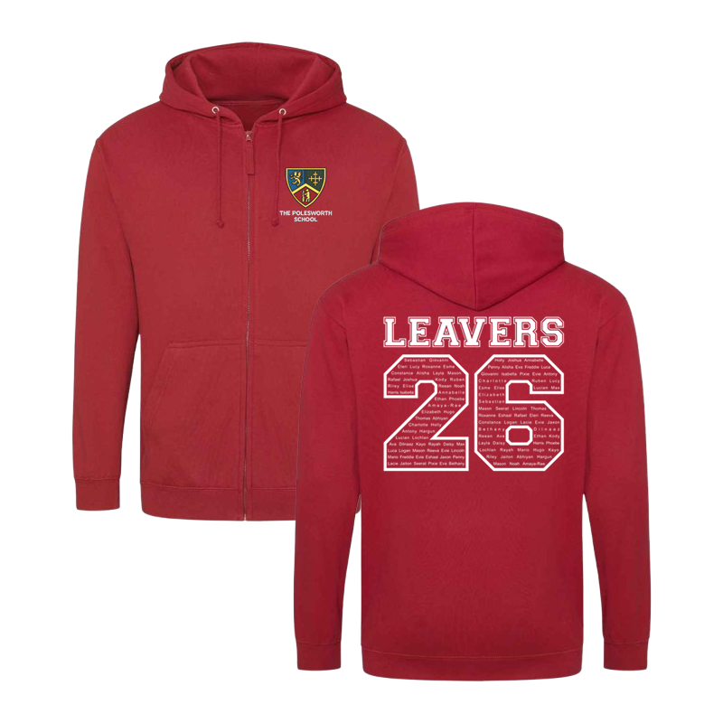 Classic zip through hoodie, School logo embroidered to front and Leavers design including names printed to back.
