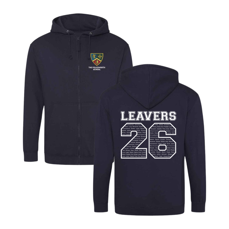 Classic zip through hoodie, School logo embroidered to front and Leavers design including names printed to back.