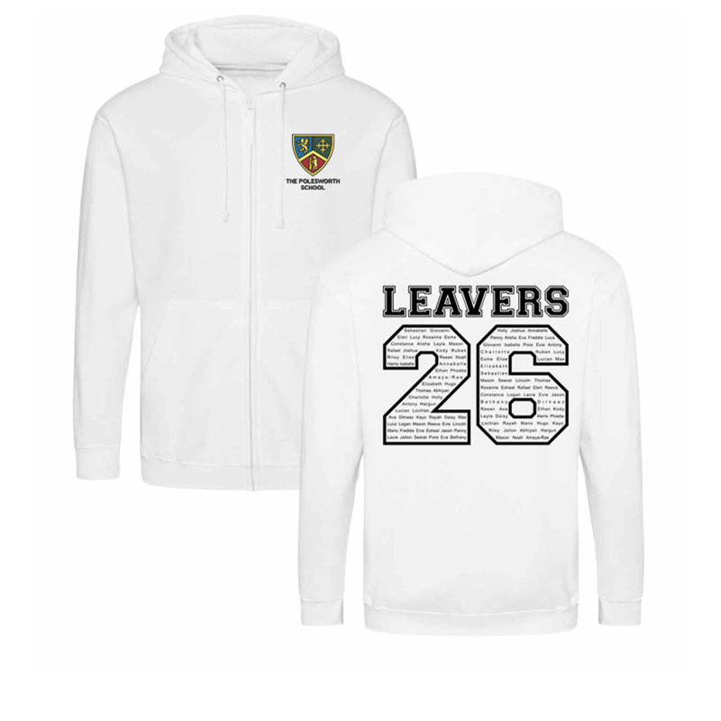 Classic zip through hoodie, School logo embroidered to front and Leavers design including names printed to back.
