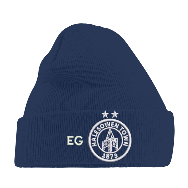 Cuffed knitted beanie hat with club logo embroidered and option for initials