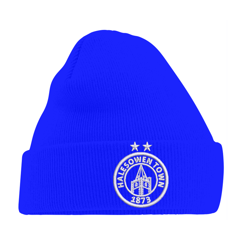 Cuffed knitted beanie hat with club logo embroidered and option for initials