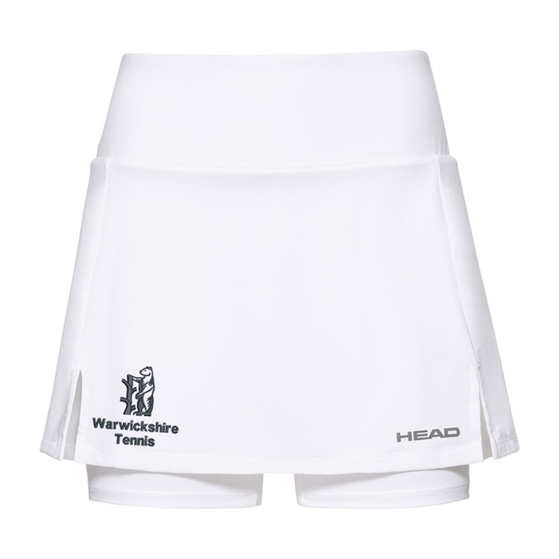 Ladies longer length skort with club logo.
