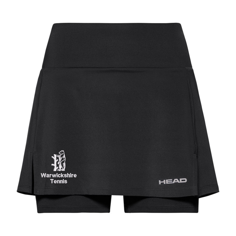 Ladies longer length skort with club logo.
