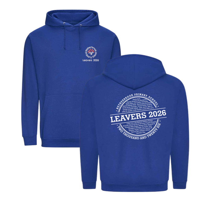 Classic hooded sweatshirt with printed name design to the back and School Leavers logo embroidered to the front.