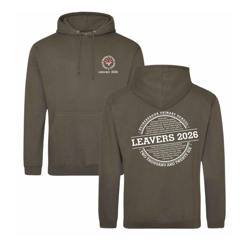 Classic hooded sweatshirt with printed name design to the back and School Leavers logo embroidered to the front.