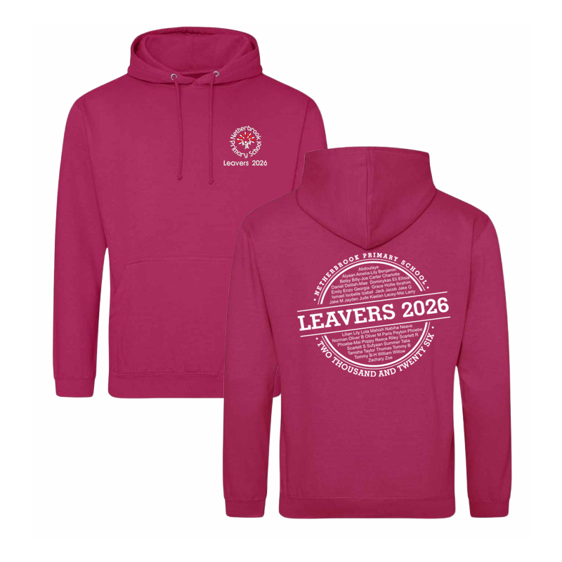 Classic hooded sweatshirt with printed name design to the back and School Leavers logo embroidered to the front.