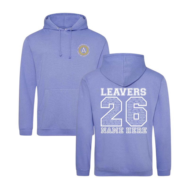 Classic hooded sweatshirt, with embroidered School logo to font breast, large print to back with pupils name in the design and the option to personal name or nickname below.