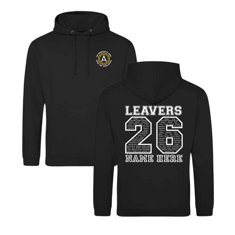 Classic hooded sweatshirt, with embroidered School logo to font breast, large print to back with pupils name in the design and the option to personal name or nickname below.